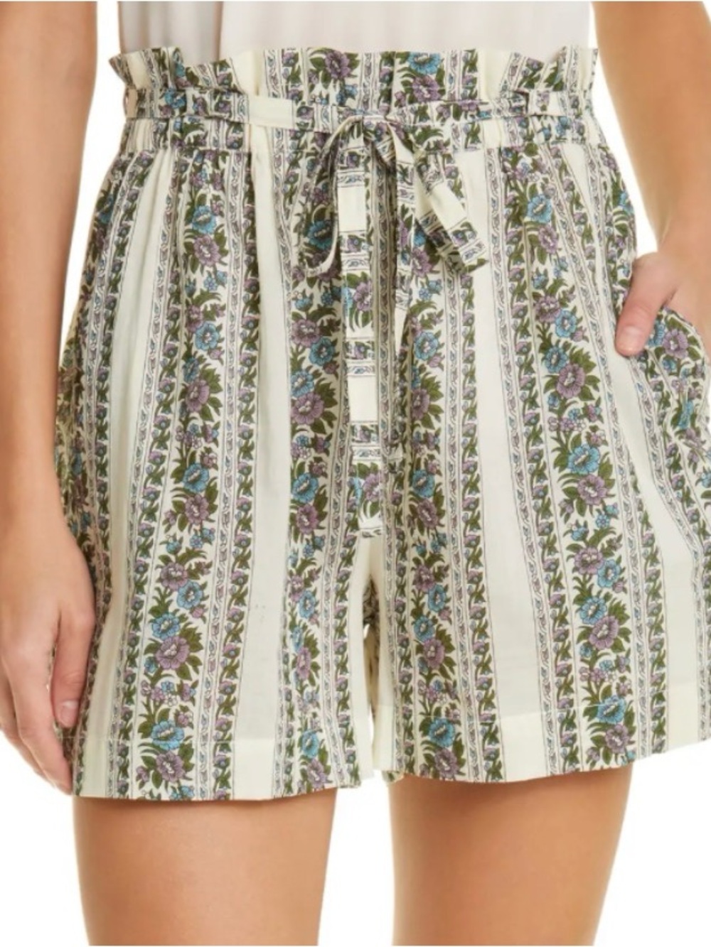 Mille - Cary Floral Stripe Cotton Shorts with Paperbag Waist